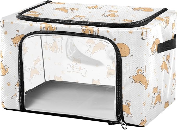 Cute Pets Dogs White print Under Bed Storage Containers with Double Zipper Openings, Foldable Clothes Storage Bins with Clear Window and Handles for Bedding Comforters Blankets