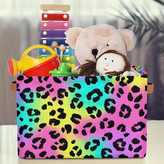 Leopard Basket Storage Bins Rectangle Canvas Basket Cube Storage Box | Nursery Foldable Basket with Handle for Kids Girls Boys Toys Living Room Closet Organizer Shelf Gifts Rainbow Neon