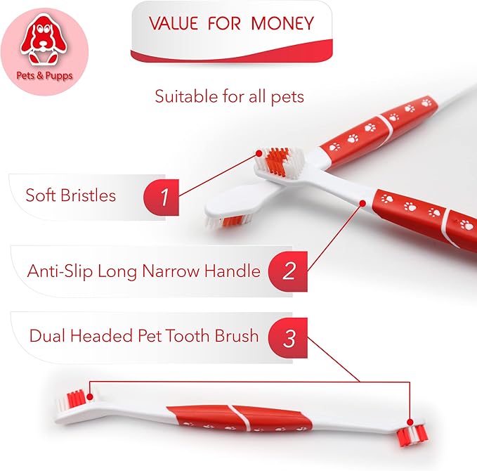 Pet Toothbrush for Dogs, Cats with Soft Bristles - Easy Teeth Cleaning & Dental Care, Non Slip Dual Head Dog Toothbrush for Medium & Large Pets, Toothpaste Not Included (Pack of 1(Red))