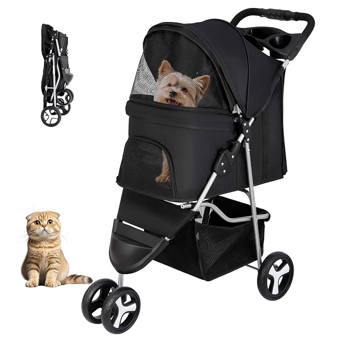 ZENY Pet Stroller for Small/Medium Dogs and Cats Foldable Dog Stroller | 3 Wheels, Pet Strolling Cart, Dog Travel Carrier with Storage Basket, Cup Holder, Black