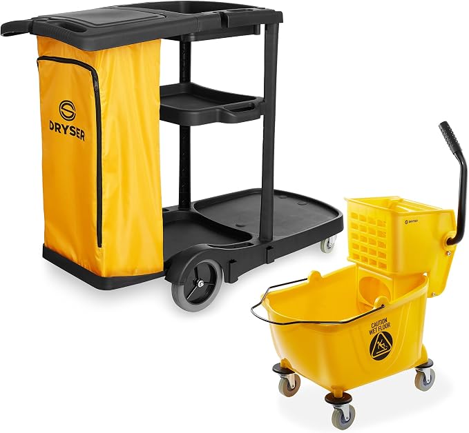 Commercial Janitorial Cleaning Cart on Wheels with Cover, Shelves and Vinyl Bag & Commercial Mop Bucket with Side Press Wringer, 26 Qt. Yellow