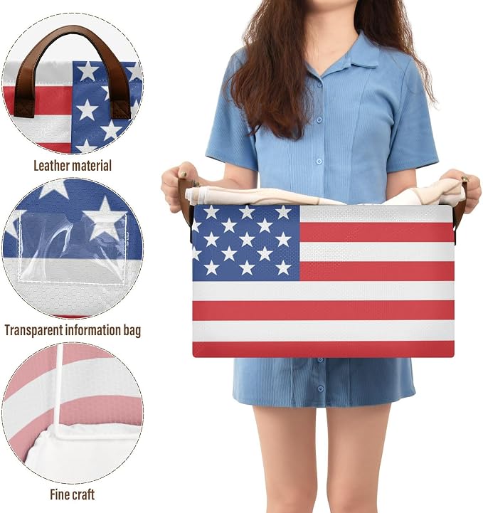 Red White and Blue American Flag Storage Basket Foldable Cube Storage Bins with Handles&Label Waterproof Organizer Box Bin Large Rectangle Decorative Baskets for Shelves Home Room Laundry, 2 Pack