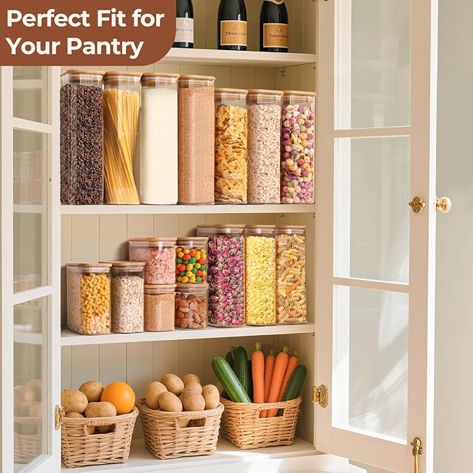ComSaf Pasta Containers Storage 2.2 Qt, Set of 3 Tall Glass Spaghetti Jar | Rectangle Kitchen Canisters, 11.3-Inch Tall Jars,Pantry Organizers, Dry Food Storage Containers, Flour, Cereal,Oat, BPA Free