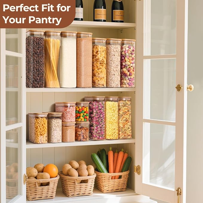 ComSaf Glass Storage Containers with Lids 1.8 Qt, 3 Pack Pantry Organizers | Glass Jars with Bamboo Lids, Rectangle Pantry Jar, Kitchen Canisters, Dry Food Storage Cereal, Flour, Sugar, coffee, BPA Free