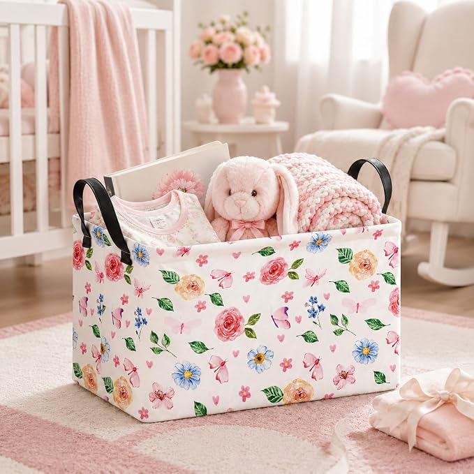 Pink Floral Storage Basket for Girls Room, Foldable Toy Organizer Bin | Pink Floral & Bow Design with Cotton Linen Fabric, Waterproof Lining, Leather Handles and Foldable Style for Girls’ Storage