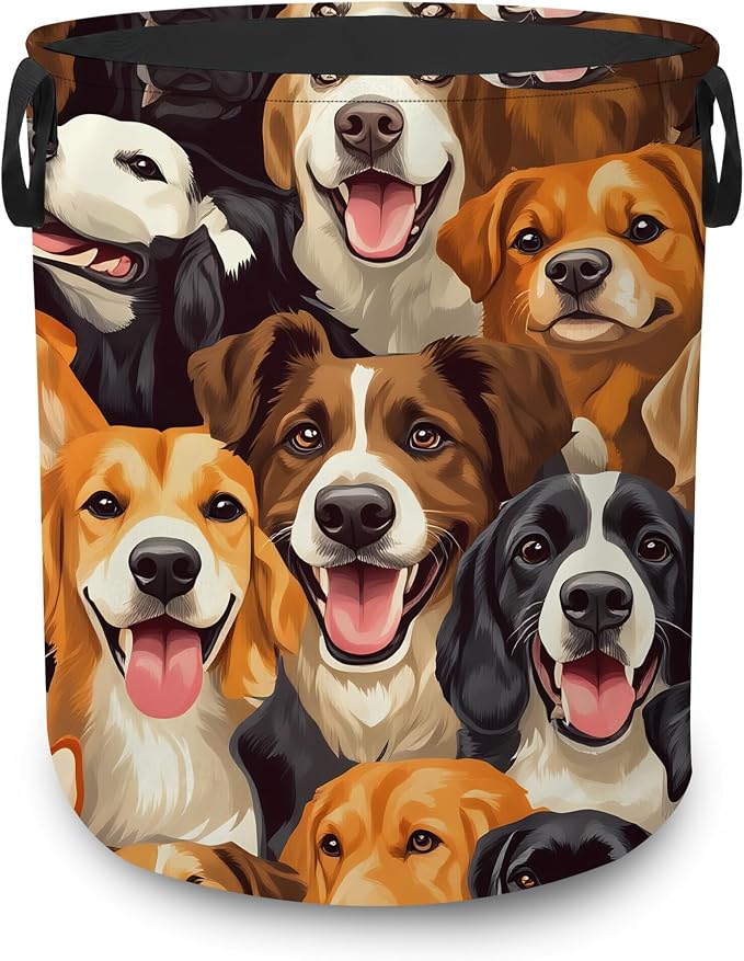 Cute Puppy Dog Faces Dirty Clothes Hamper,Foldable Laundry Basket with Handles,Pet Lover Waterproof Oxford Cloth Storage Bin for Bedroom Bathroom Nursery,16 x 20 Inch