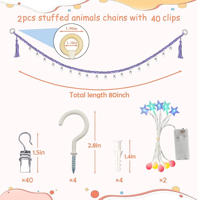 2PCS Stuffed Animals Storage Chain Organizers 80" Cotton Hanging Storage Chain with 2x 10 Led Light 40 Metal Clips Stuffed Animal Display Holder Chain for Nursery Play Room (Purple)