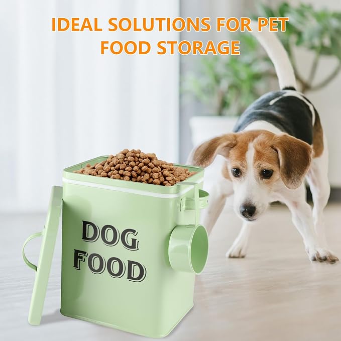 Morezi Metal Dog Food Storage Container Airtight Pet Food Treat Bin 6 lbs | Vintage Durable Canister Dog Treats Tin with Lid& Scoop for Kitchen Countertop, Shelf, Great Gift for Pet Owners(Green)