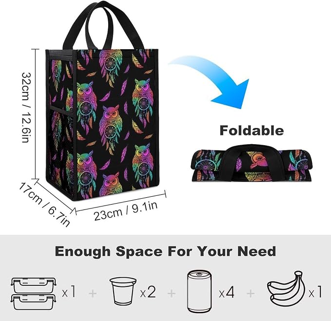 Portable Insulated Lunch Bag, Reusable Thermal Bags Compatible with Owl Rainbow Dream Catcher Cooler Tote Bag with Pocket Food Organizer Lunchbox