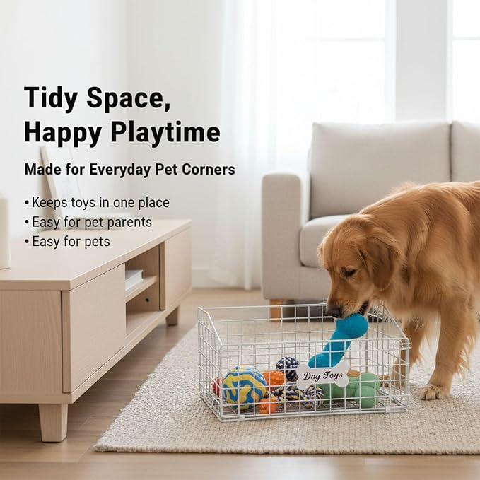 Dog Toy Bin-Dog Toy Basket-Metal Storage Box-Chew-Proof Dog Food Toy Storage Container-Dog Storage Organizer-For Puppy Leash,Accessories,Blanket Food Storage Container-(White)