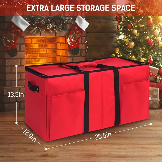 Lambada Christmas Ornament Storage Box, Durable Christmas Storage Container with Adjustable Dividers, Xmas Decorations Organizer – Fits 128 Holiday Ornaments 3 inch – Tear-Proof Fabric (Red)