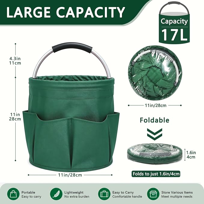 Cleaning Caddy with Handle, 17L Foldable Storage Basket, Heavy Duty 600D Oxford Cloth Organizer, Portable Supply Bag, Multi-Purpose Supplies Caddy for Home, Bathroom, Kitchen, Garden - dark green