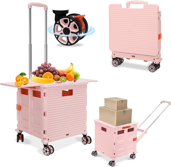 FELICON SELORSS Folding Utility Cart Portable Rolling Crate Handcart-Pink | Adjustable Handle+Extended Magnetic Lid,Storage Basket Box,4 Swivel Wheels Tote for Teacher Move Shop Travel Grocery Office