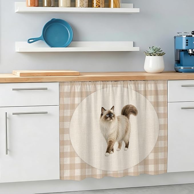 Ragdoll Cat Sink Skirt 11"Wx13"L,Dustproof Under Sink Curtain with Self Adhesive Tape,Vintage Linen Plaid Farmhouse Pet Cats Cabinet Curtain Cover for Bathroom Vanity,RV,Kitchen Cabinet Storage Shelf