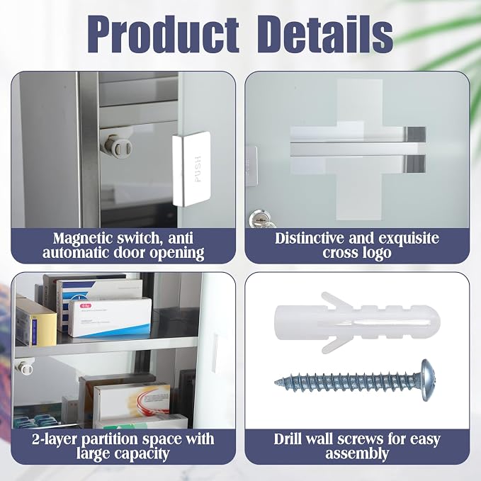 Timgle First Aid Wall Cabinet with Lock Medicine Wall Mounted Bathroom Storage Hanging Medical Cabinet with Safety Glass Door for Bathroom(2 Shelves,Silver)