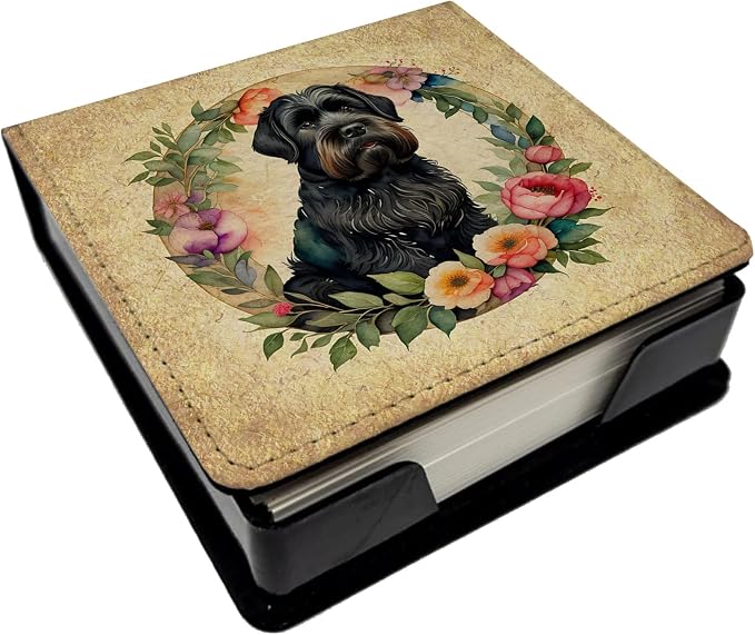 Caroline's Treasures Black Russian Terrier and Flowers PU Leather Note Paper Holder with Artist-Designed Cover, Desk Accessory, Office Gift