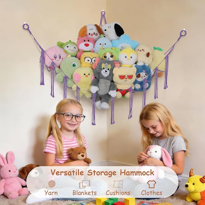 Stuffed Animal Hammock Corner,55 Inch Large No Drilling Plushie Net,Purple | Handcrafted Natural 100% Cotton Stuffy Hammock,Boho Macrame Toy Net,Stuffed Animals Storage Plush Holder ,Nursery Room Decor