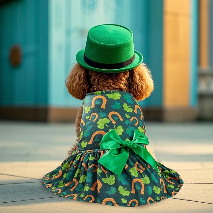 St. Patrick's Day Dog Costume Dress L, Green Clover and Horseshoe Print with Satin Bow, Pet Dress for 11-13 lbs Dogs and Cats, Festive Holiday Clothing