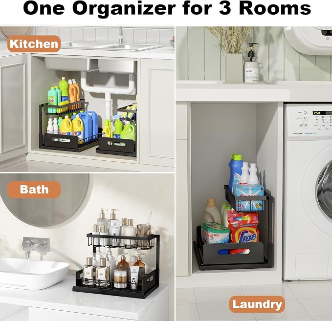 Under Sink Organizer, L-Shaped Pull Out Cabinet Organizer, Kitchen | 2 Tier Metal Slide Out Shelf for Kitchen, Bathroom, Laundry, and Utility Cabinet Storage for Deep Cabinets, Black, 1 Pack