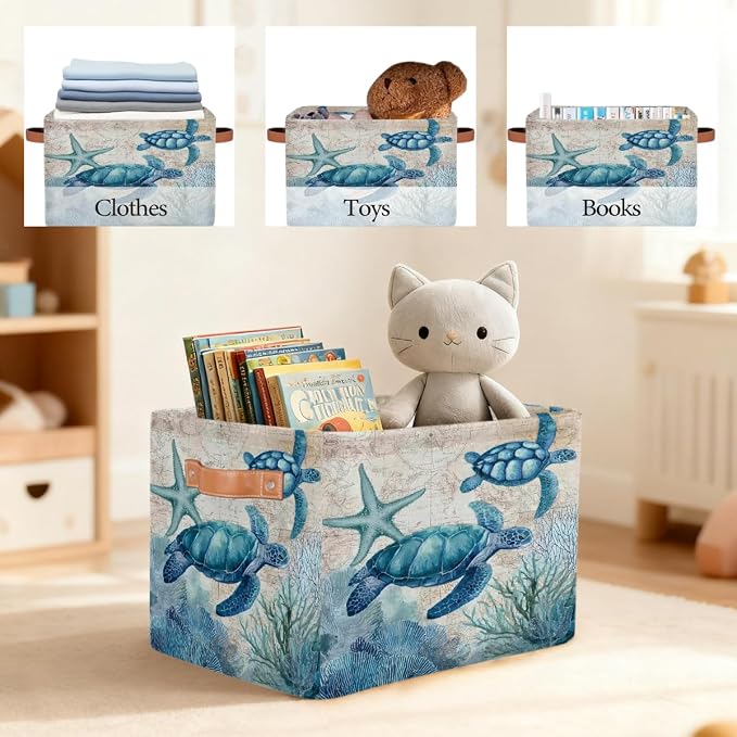 Pardick Storage Baskets Bin, Vintage Turtle Ocean Collapsible Canvas Fabric Storage Bin Decorative Baskets Toy Organizer Rectangle Storage Boxes with handles for Home Shelves Nursery,Q-6