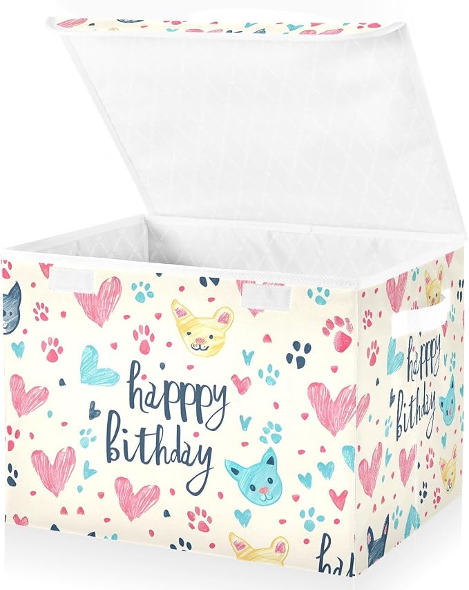 Birthday Gift Fabric Storage Bins with Lid Foldable Storage Boxes Baskets | Decorative Storage Boxes, Foldable & Stackable, Dust-Proof Flip Top, Reinforced Handles, For Home & Dorm, Clothes & Toy Box