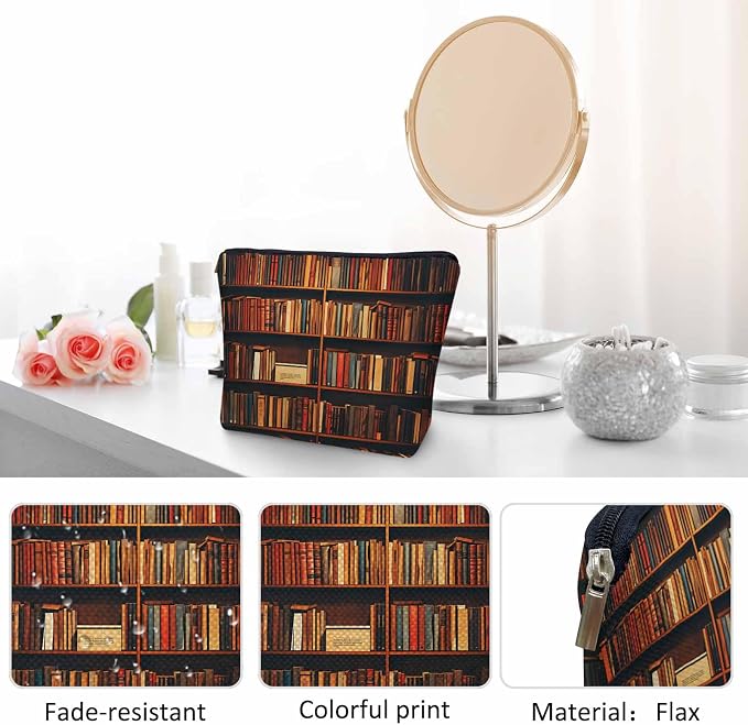 Vintage Library Bookshelf Makeup Bag for Purse, Travel Toiletry Pouch, Cosmetic Organizer, Old Books Pattern Flax Pencil Case for Men and Women