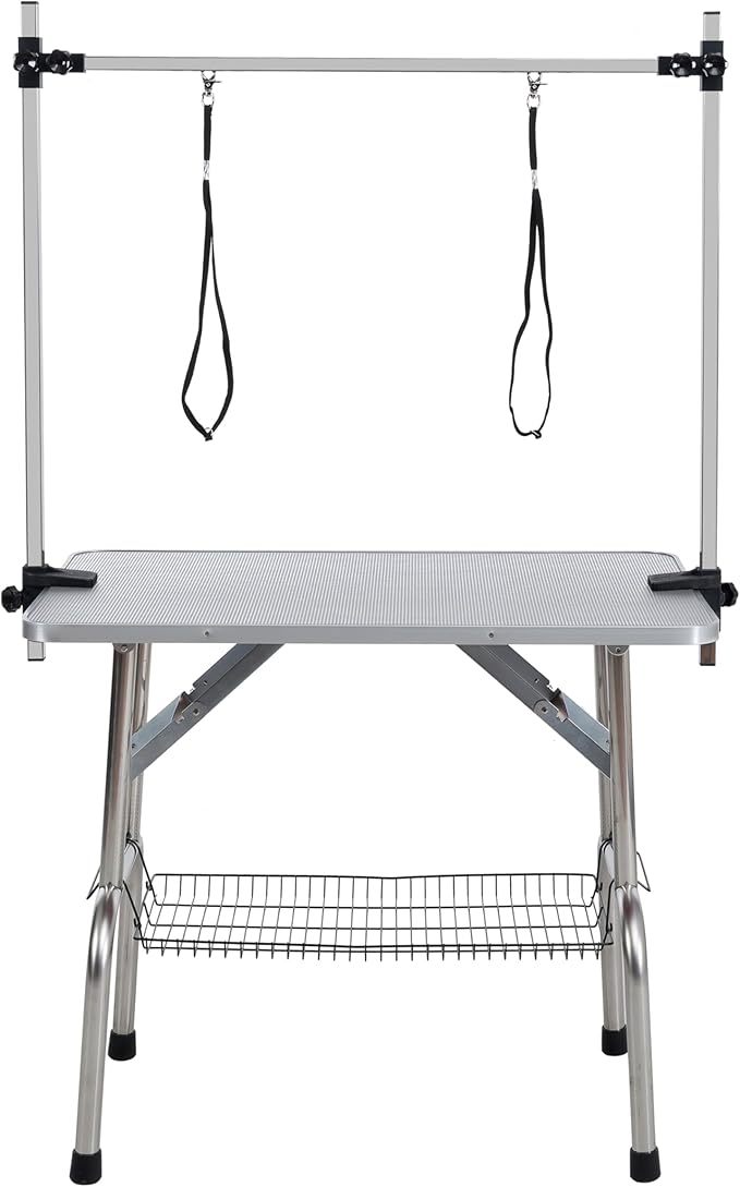 36" Pet Dog Grooming Table, Foldable Stainless Steel Frame Pet Drying Grooming Table Up to 330lbs, Professional Bathing Desk for Dogs at Home with Adjustable Overhead Arms, Noose, Mesh Tray, Silvery