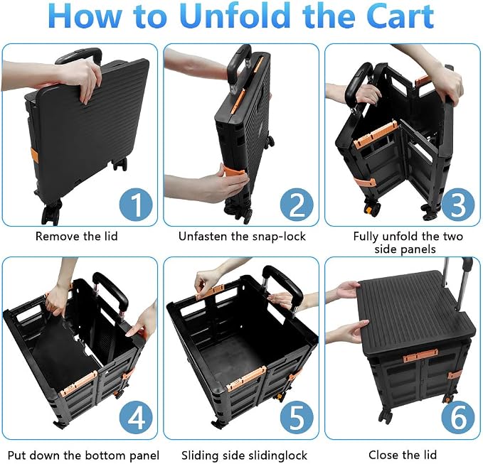 FELICON SELORSS Foldable Utility Cart Folding Portable Rolling Crate-Black | Durable,Heavy Duty,Plastic Box,Telescoping Handle,4 Rotate Wheels,Collapsible Handcart for Travel Shop Move Luggage Office