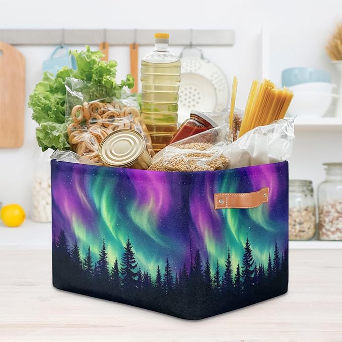 Storage Basket Northern Light Aurora Storage Cube Box Durable Canvas Collapsible Toy Basket Organizer Bin with Handles for Shelf Closet Bedroom Home Office
