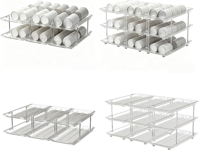 Can Organizer Rack, Double | Clear PET Kitchen Storage Shelf with Tiered Open-Front Access, Vertical Cabinet Countertop Use
