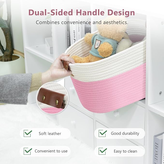 ECDYQXVU 15x10x9 Woven Cotton Rope Storage Basket, Leather Handles 3 Pack | Foldable Design, Sturdy PU Handles, Easy to Clean Organizer for Living Room, Closet, Shelves, Bedroom, Laundry, Clothes