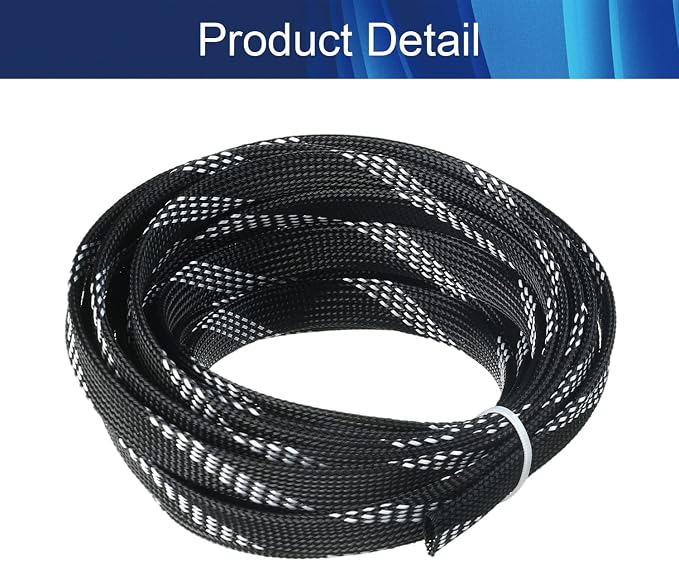 Jutagoss PET Expandable Braided Cable Sleeve, 16.4ft - 1/2 inch Black White Cable Management Sleeve, Wire Loom Tube Cord Protector for USB Cable, Power Cord, Audio Video and More, 1Pc