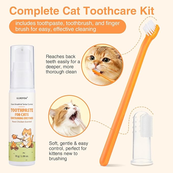Enzymatic Cat Toothpaste Kit – Roast Chicken Flavor Dental Care for Cats & Kittens | Fights Plaque, Tartar & Bad Breath | Includes Toothbrush & Finger Brush, 1.06 oz
