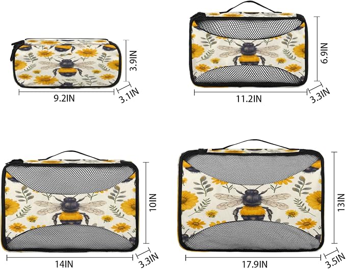4 Set Packing Cubes for Travel, Bumble Bee Packing Cubes for Women, Travel Luggage Packing Organizers, Packing Cube Set, Honeybees Flowers