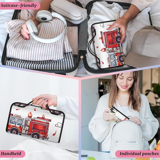 Fire Truck Makeup Bag for Women Hanging Roll-Up Travel Organizer Toiletry Kit with 4 Removable Compartments, Transportation