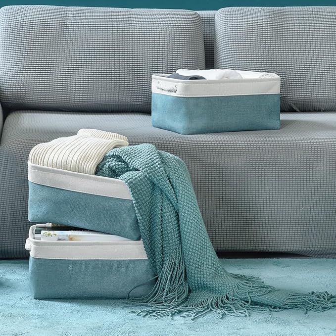 Fabric Storage Bins Baskets for Organizing,Sturdy Storage Basket W/Handles, Decorative Foldable Storage Baskets for Shelves Closet Nursery Toy (White&Teal, Medium - 3 Pack)