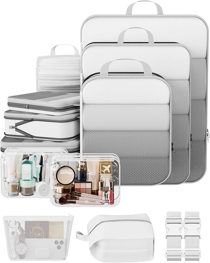 1/2/6/8/9/10/11 Set Compression Packing Cubes Garment Bags Garment Bag for Travel Essentials,White
