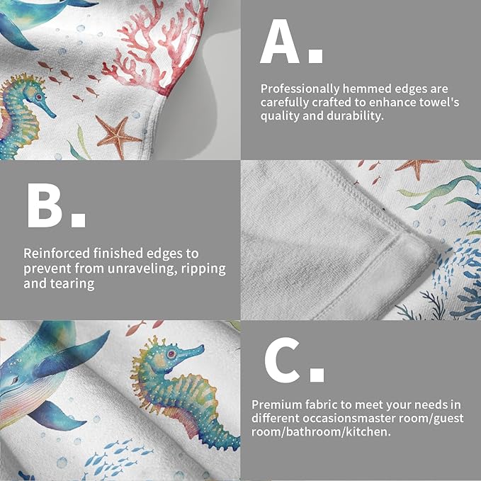 Giwawa Coastal Ocean Hand Towels Set of 2 Seahorse Whales Soft Microfiber Bath Towels Summer Fingertip Towels for Bathroom Kitchen Gym Spa Decor