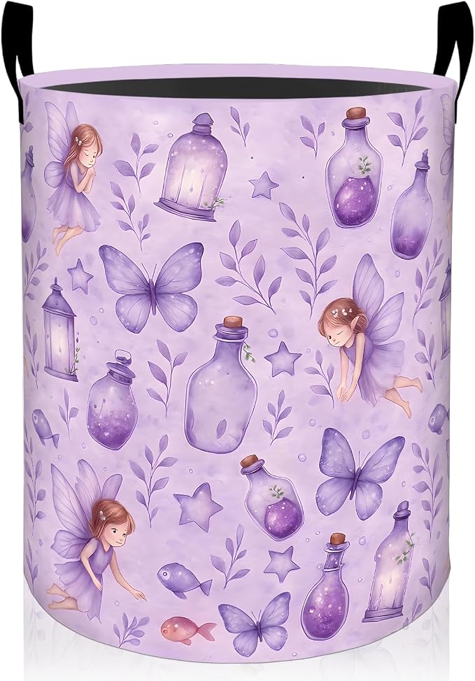 Fairy Laundry Basket, Cute Angel and Purple Butterfly Oxford Cloth Dirty Clothes Collapsible Hamper for Room Decor, Fantasy Gifts, Toy Organizer 19.7 x 15.7 Inches for Bedroom Bathroom Dorm