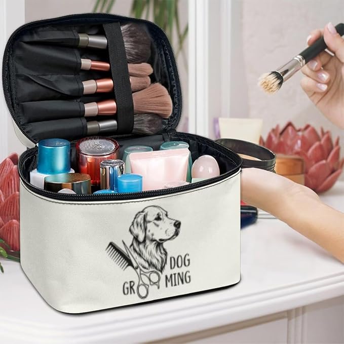 White Cosmetic Bag for Women Cute Dog Large Capacity Travel Makeup Bag Casual Make Up Case Organizer with Handle, Toiletries Accessories Brushes