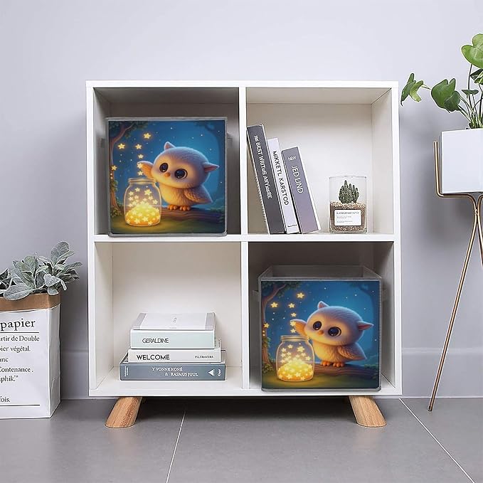 An Owl Wishing Jar Foldable Storage Bins, 10.6" Cube Storage Organizer, Sturdy Oxford Cloth Fabric Baskets for Closet, Shelf, Nursery, Bedroom, Decorative Printed Box for Toys & Clothes
