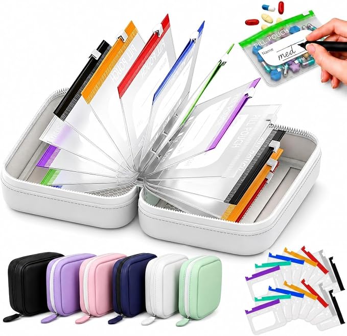14 Color-Coded Waterproof Pill Pouch Set, Book-Shaped Travel Pill Organizer, Reusable Medication Storage Case for Vitamins, Prescription Pills, College Dorm Daily Use and Pet Supplements，White