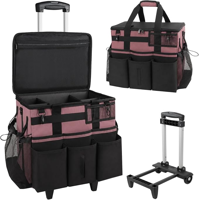 SCAVATA Rolling Cleaning Caddy Bag with Detachable Trolley & Wheels | Large Cleaning Supply Organizer, Portable Multi-Pocket Cleaning Cart for Housekeeper, Adjustable Shoulder Strap, LotusPink