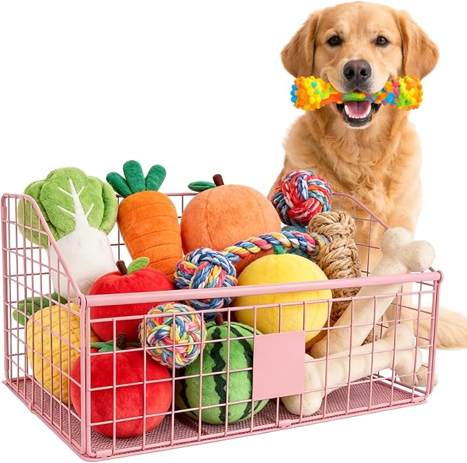Penitue Indestructible Dog Toy Basket, 42.5x28x21.5cm/16.7x11x8.5in Metal Dog Toy Storage Bin Organizer for Living Room Area (Pink)