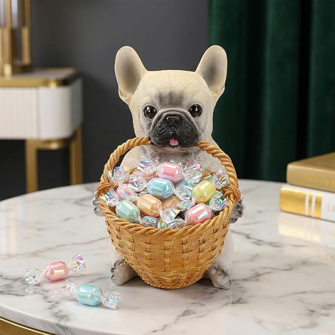Cute French Bulldog Candy Bowl, Resin Dog Figurine Key Bowl for Entryway Table, Desktop Storage Basket Organizer for Desk, Unique Frenchie Lover Gift