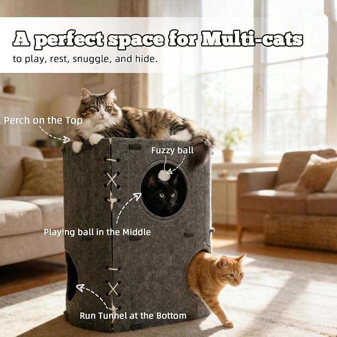 Cat House for Indoor Cats - 2-Storey Foldable Cat Bed Cave with Scratch-Resistant Felt Cats Tunnel Bed Condo & Hanging Fluffy Ball | Cozy Spacious Hideaway for Multi-Cats| Durable & Easy to Store,Gray