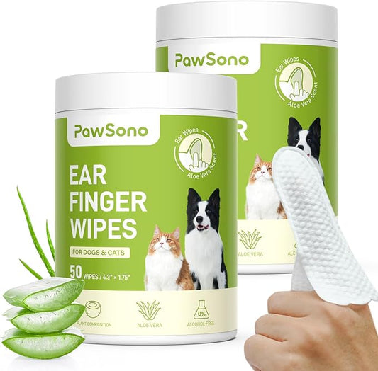 PawSono Ear Finger Wipes for Dogs & Cats, Thicker Dog Ear Cleaner Wipes, Natural Relief Cat Ear Cleaner Dog, Pet Health Supplies for Dog Kitten Small Animal, Aloe Scent Deodorizing - 100 Count