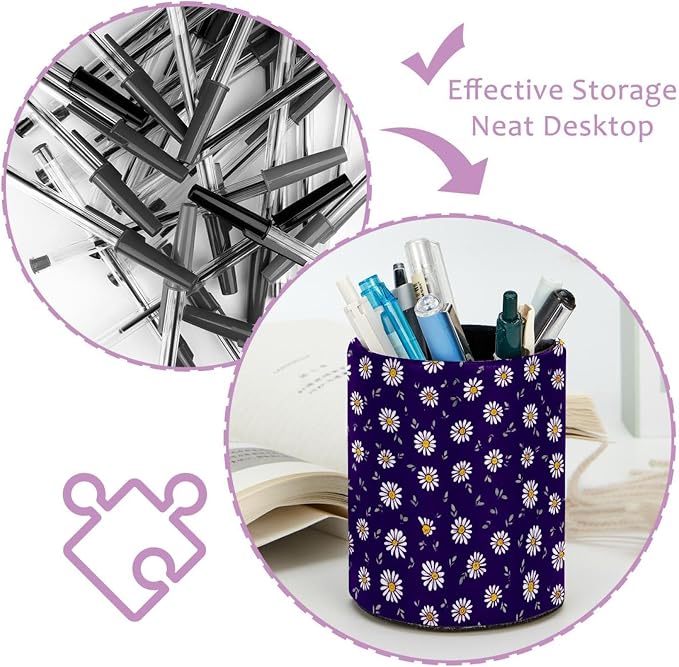 Faux Leather Pen Holder for Desk, Pencil Organizer Daisy Pen Cup Desk Decor Makeup Brush Holder Storage for Office Home