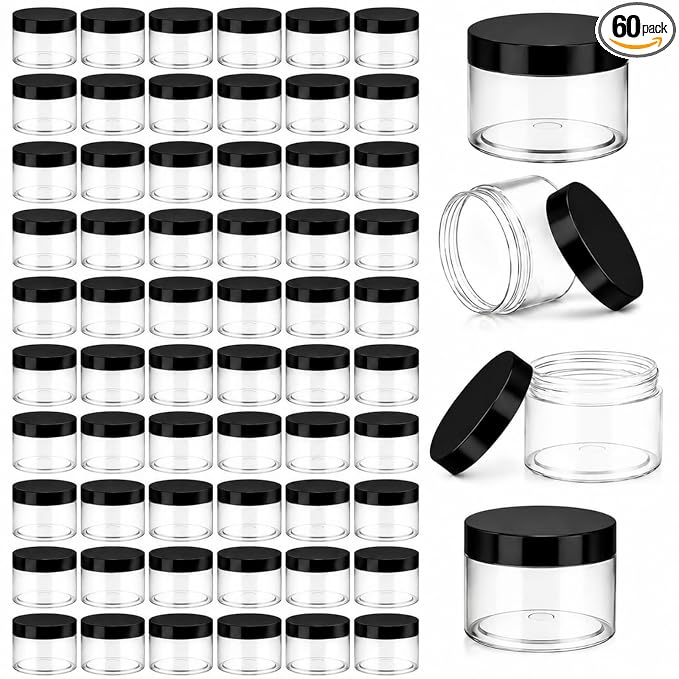 Patelai 60 Pcs Plastic Containers with Lids, Round Leakproof Cosmetic Containers, Multipurpose Storage Jars for Makeup, Lotion, Ointment, Rhinestone Samples, Dry Food and Toiletries (Black,4 oz)