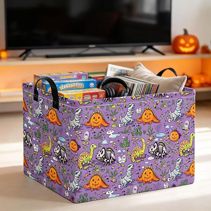 NTAO Gift Storage Basket Empty for Halloween, Storage Bin with Handles, Room Decor, Book Box(Halloween Dinosaurs)